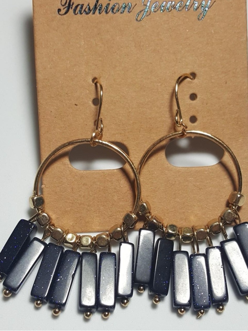 Fashion Jewelry Gold Hoop Earrings with Dark Blue Sparkle Beads
